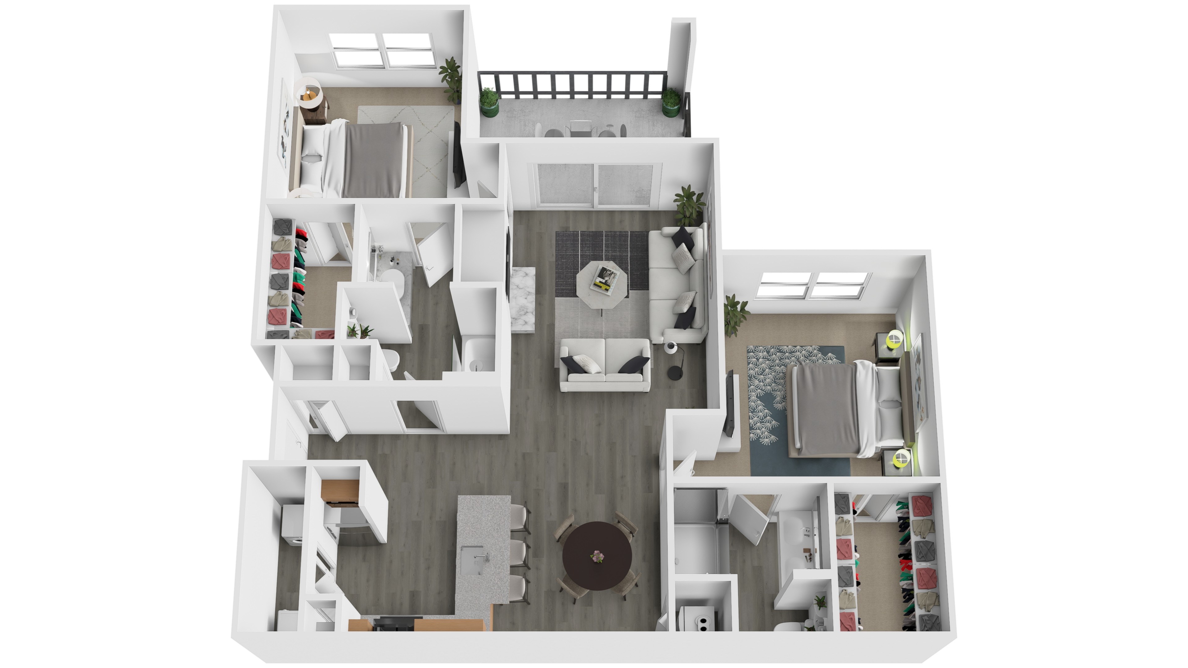 A white model of a house with a balcony and a small garden.